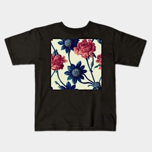 Deep Blue and Orange Red Vintage Floral Kids T-Shirt